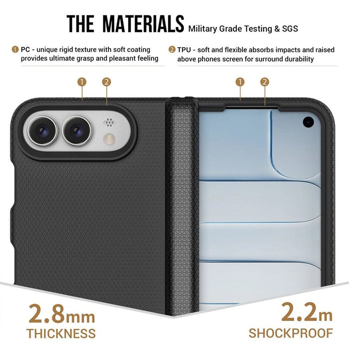 Product graphic showing the black iPhone Duo case with feature callouts