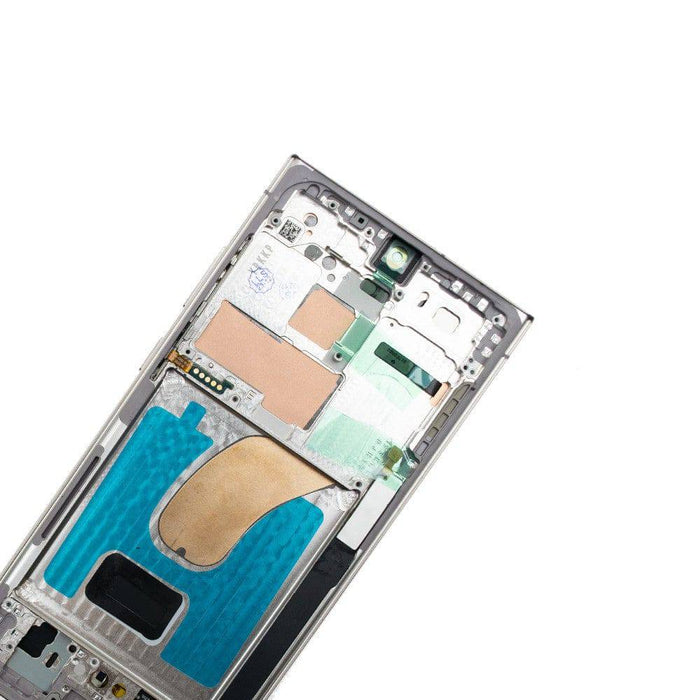 Samsung Galaxy S23 Ultra Cream OLED display assembly featuring original connector cables, mounting frame, and refurbished screen panel with factory specifications