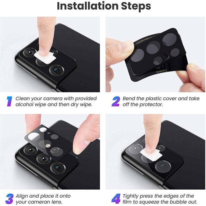 Samsung S21 camera lens protection before and after showing multi-layer construction with 0.33mm tempered glass acrylic plate AB adhesive for maximum scratch resistance