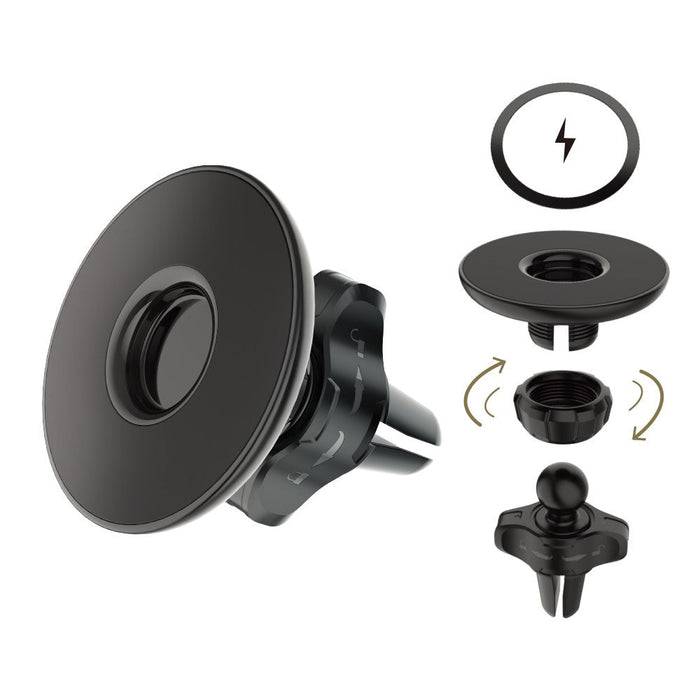 Dual mounting options display showing air vent clip and universal suction base installation alternatives for dashboard windshield mounting