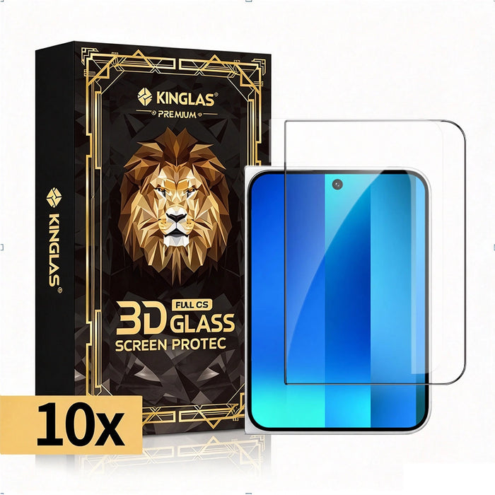 Kinglas 10-pack tempered-glass screen protector packaging and clear glass protector for iPhone Duo.