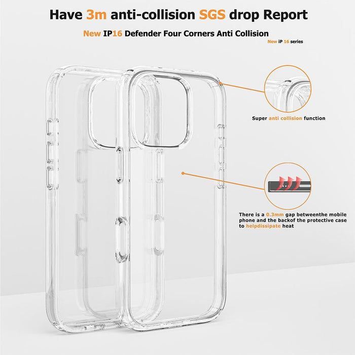 Complete iPhone 16 Plus UTIA Ultimake case collection showing Clear Black, Shiny Clear, and Transparent variants with premium PC+TPU construction
