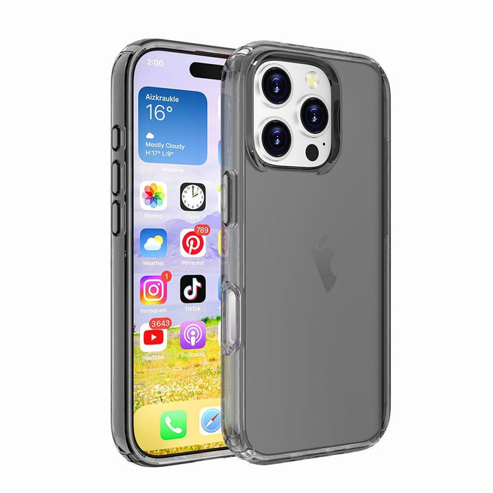 iPhone 16 Plus UTIA Ultimake shockproof case in Clear Black variant demonstrating scratch-resistant premium rubber exterior with accessible buttons and ports