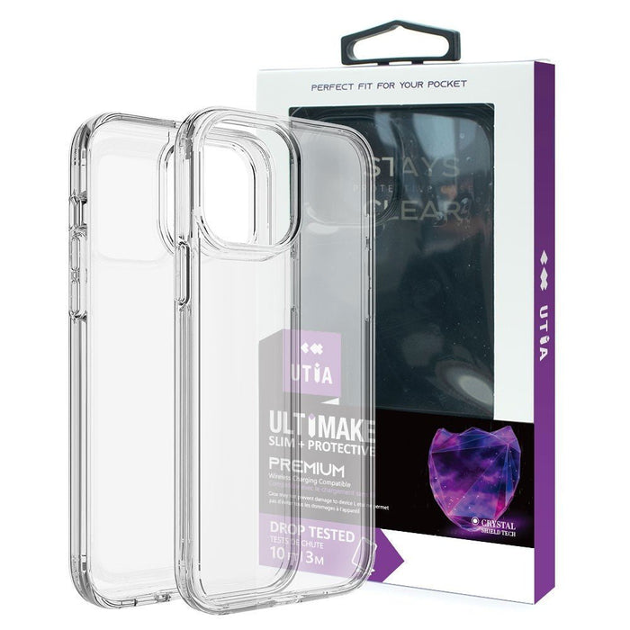 UTIA Ultimake iPhone 16 Plus shockproof case showing military-grade PC+TPU construction with clear rubber exterior and wireless charging compatibility