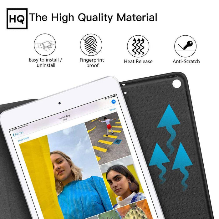 All 7 color variants iPad TPU leather folio cases arranged showing black blue green grey navy pink red options premium quality construction