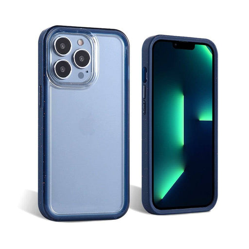 Navy blue professional corner bumper case showcasing clear exterior and precision engineering