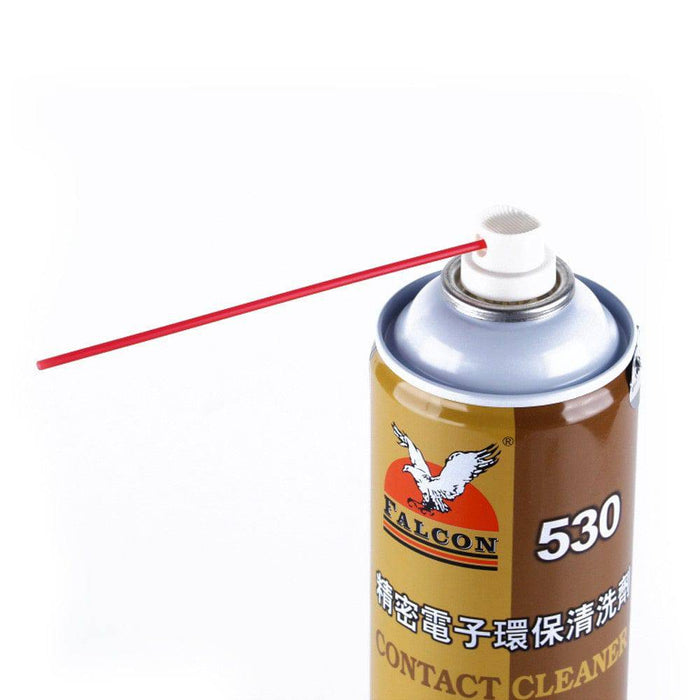Back label and spray nozzle of FALCON 530 electronics cleaner	