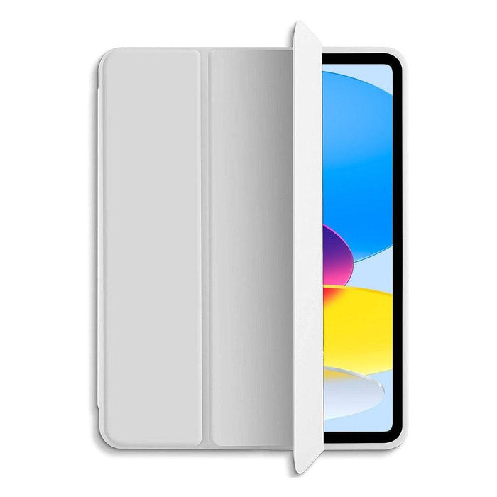 Grey soft TPU leather iPad folio case with trifold stand design showing stable viewing and typing positions sophisticated color
