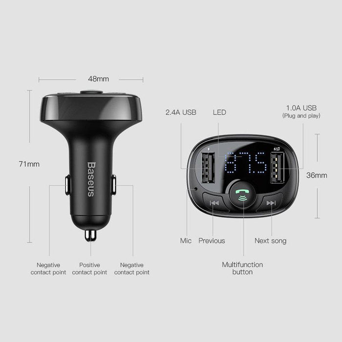 Baseus T Typed S-09A Bluetooth MP3 Car Charger (Standard edition)-Black - JPC MOBILE ACCESSORIES