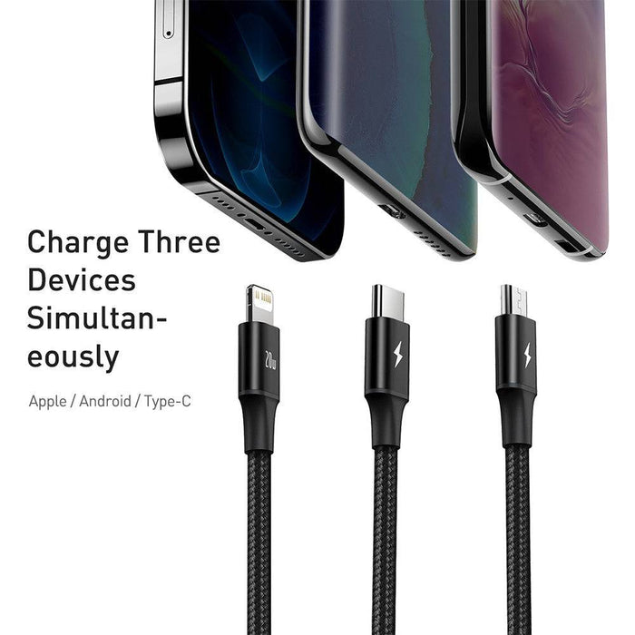 5️⃣ Baseus 3-in-1 charging cable used for iPhone, Android, and USB-C devices