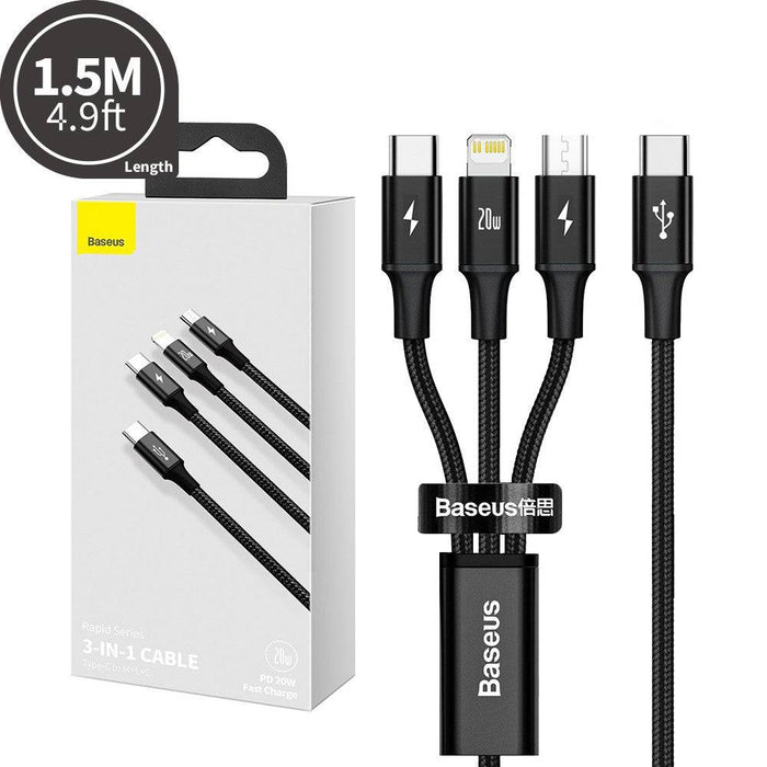 Baseus Rapid Series 3-in-1 Fast Charging Data Cable Type-C to C+L+C PD 20W 1.5M - JPC MOBILE ACCESSORIES