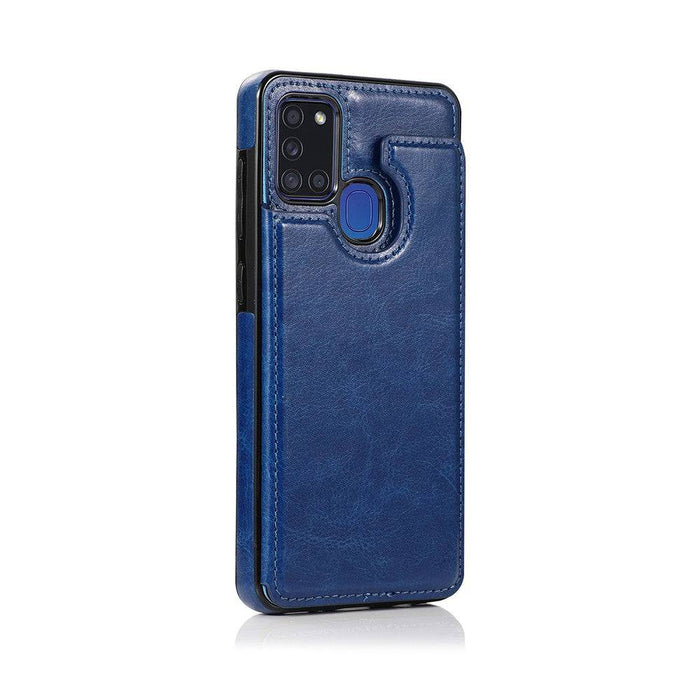 Anti-scratch finish on Back Flip Leather Wallet Cover for Galaxy A21s.