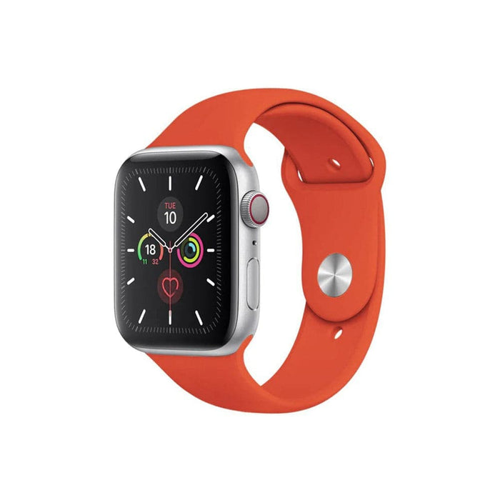 Adjustable Apple Watch silicone strap with secure two-loop design.