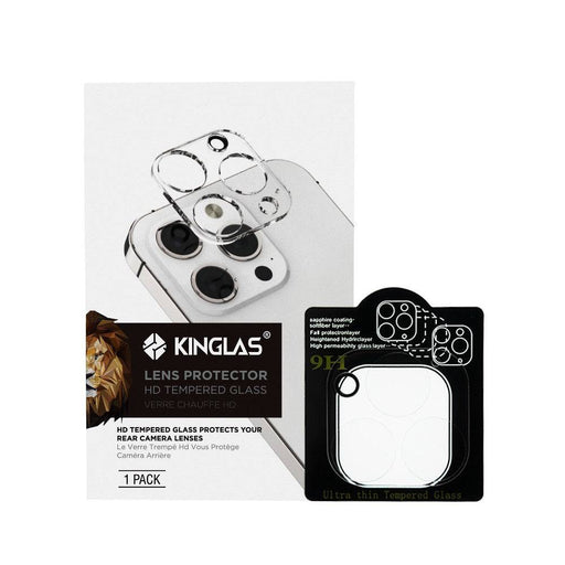 Kinglas Back Camera Lens HD Tempered Glass for iPhone 13 Pro and 13 Pro Max showing 9H surface hardness protection with bubble-free installation and complete kit including microfiber cloth and cleaning supplies