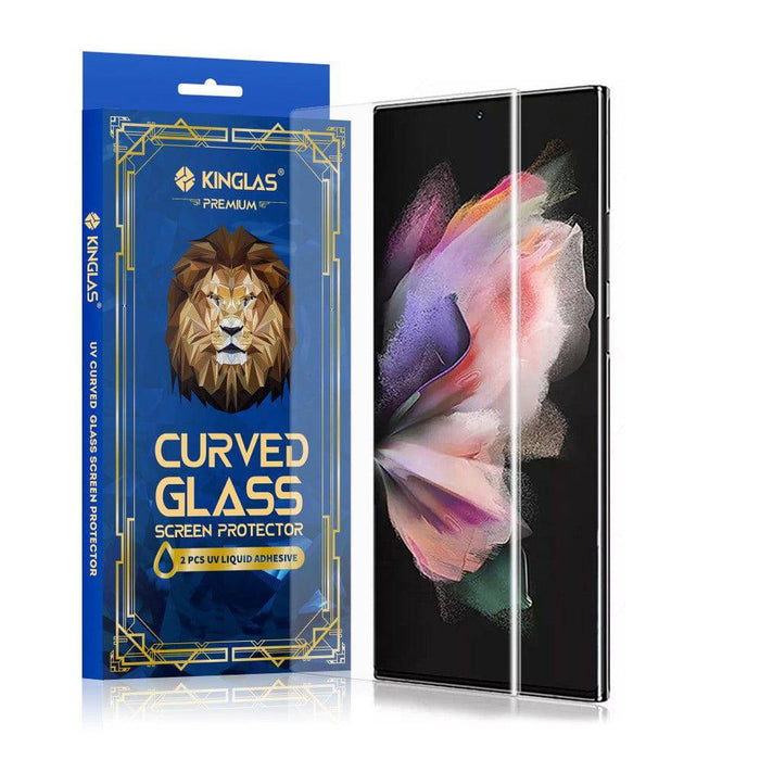 Kinglas 3D Curved UV Tempered Glass Screen Protector for Samsung Galaxy S23 Ultra showing crystal clear transparency and perfect curved edge coverage