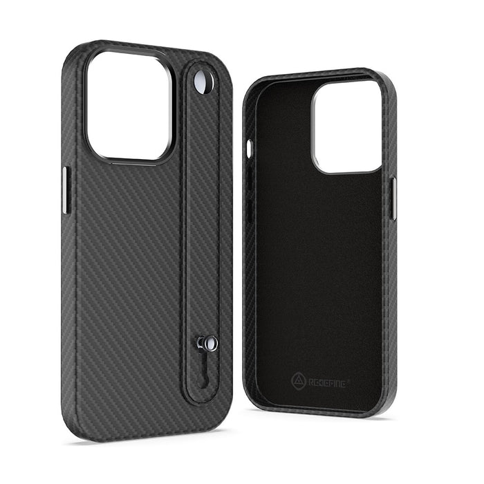 REDEFINE Metal Camera Lens PU Leather Case with Hand Belt for iPhone 14 Pro Max Carbon Fibre