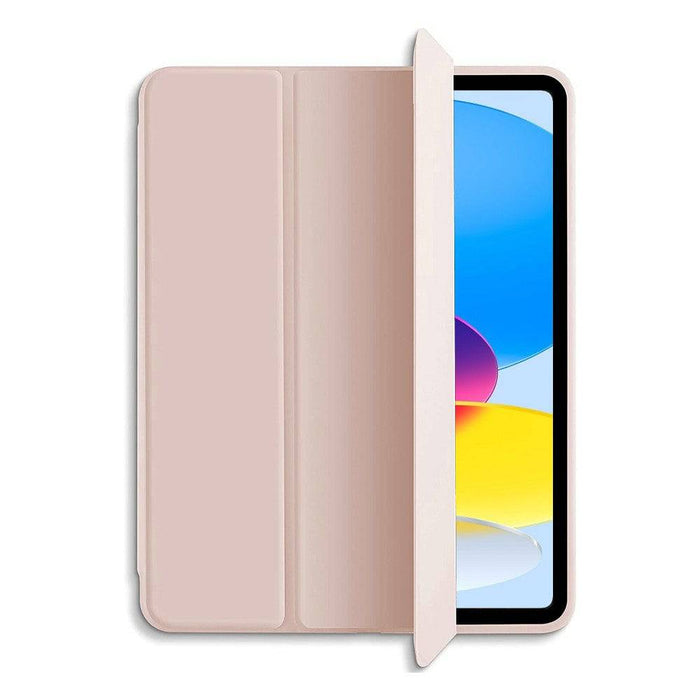 Pink soft TPU leather iPad folio case showing auto wake sleep magnetic strip and Apple Pencil secure storage stylish color