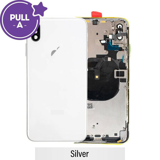 iPhone XS Max Rear Housing – Silver with Apple logo and all necessary components.