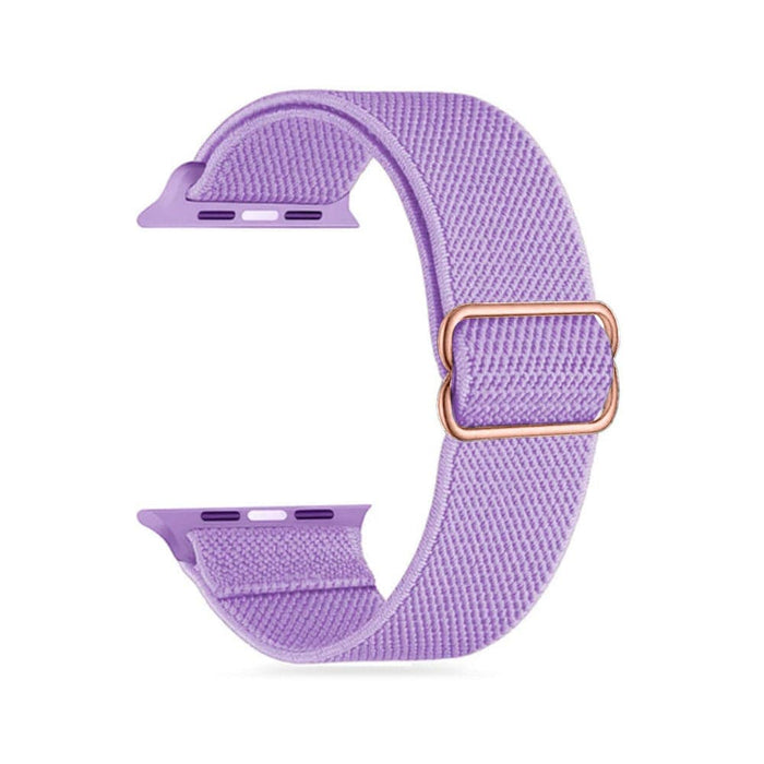 Purple stretchy nylon Apple Watch band tool-free installation 30 seconds quick setup 42/44/45mm larger watches elastic strap demonstration